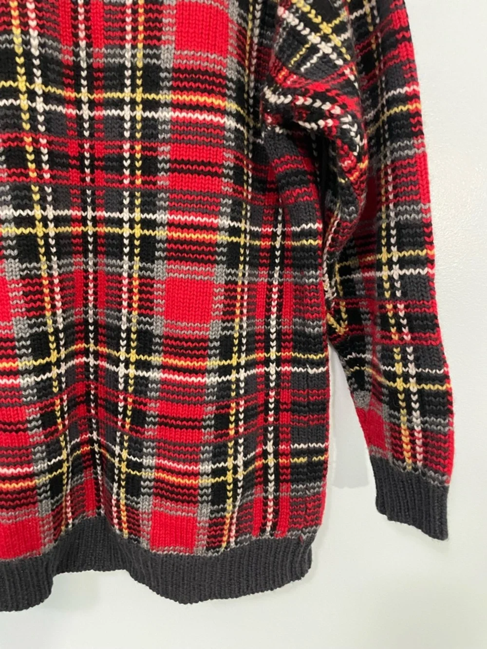 Vintage Wool Red Plaid Button-Up Cardigan with charcoal Trim M